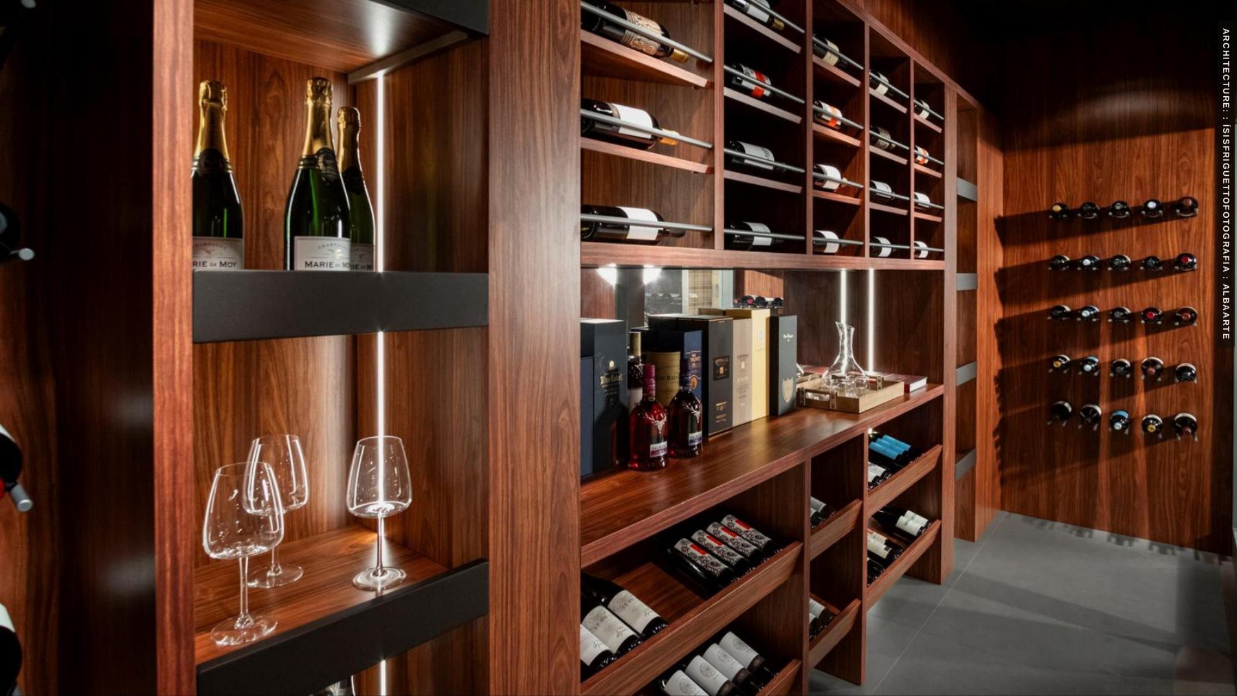 Wine display and beverage storage in rich wood tones