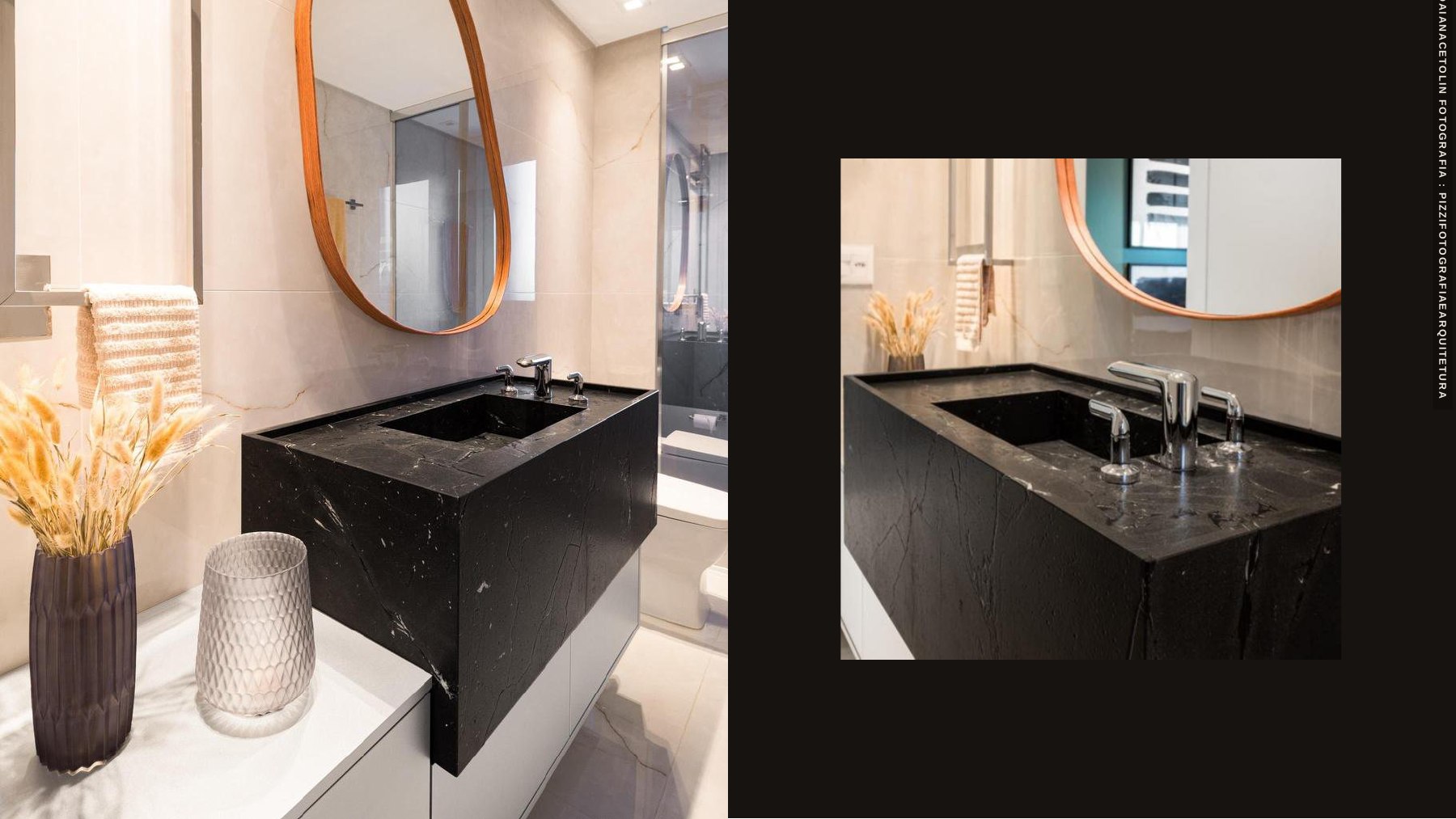 Bathroom vanity with a black countertop and wood detailing