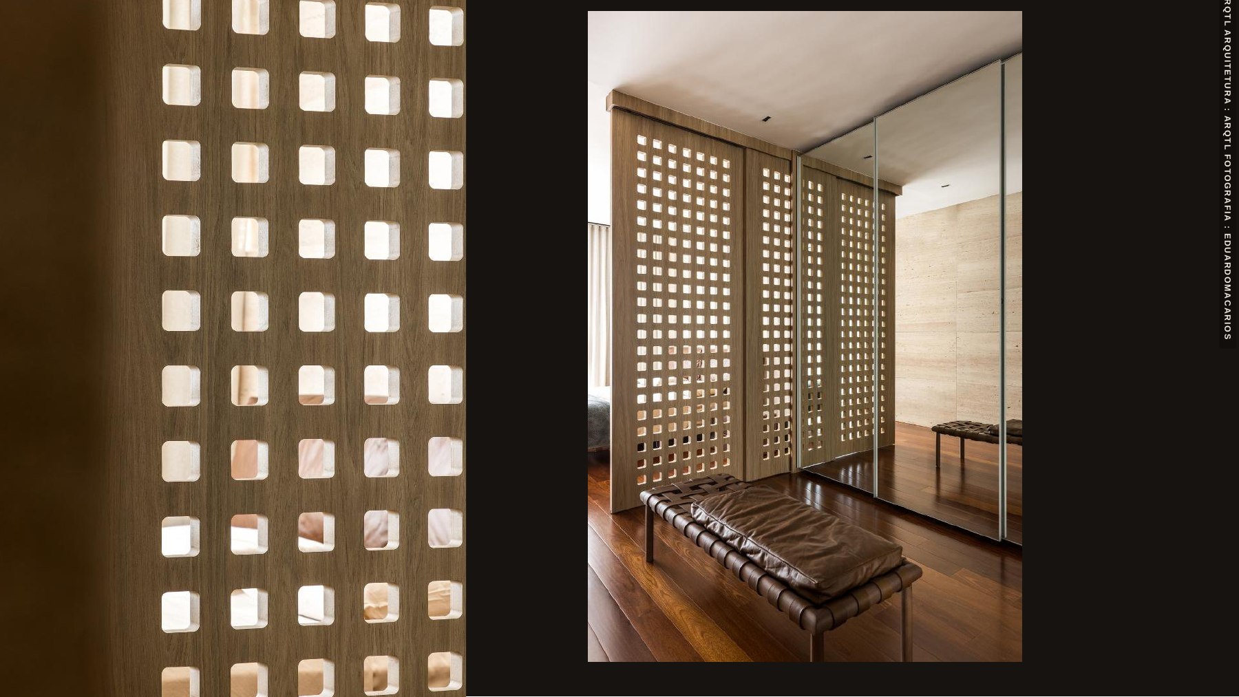 Geometric wood screen dividing connected rooms